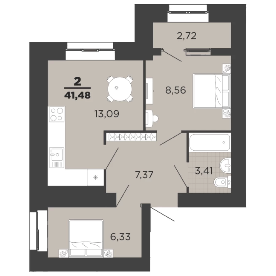 2-ая квартира 41.48 м2 с изолированной комнатой
